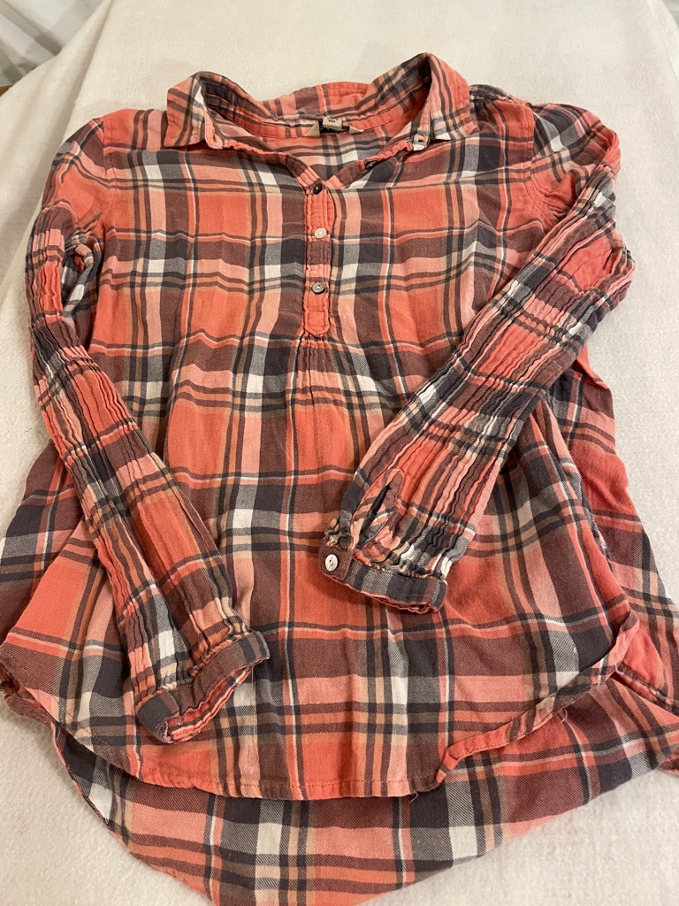 Lucky Brand Coral And Brown Plaid Button-Up Shirt